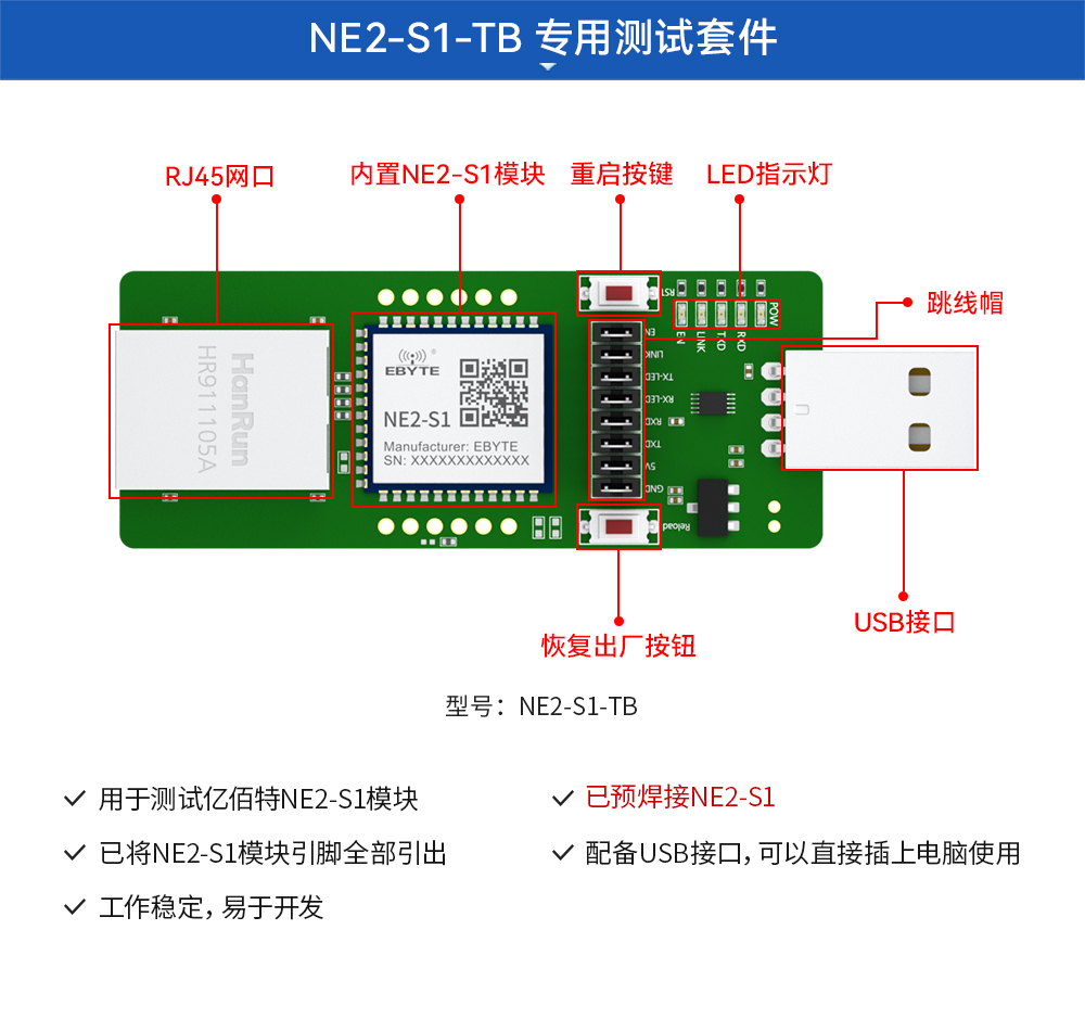 NE2-S1-TB 串口轉(zhuǎn)以太網(wǎng)模塊開(kāi)發(fā)板